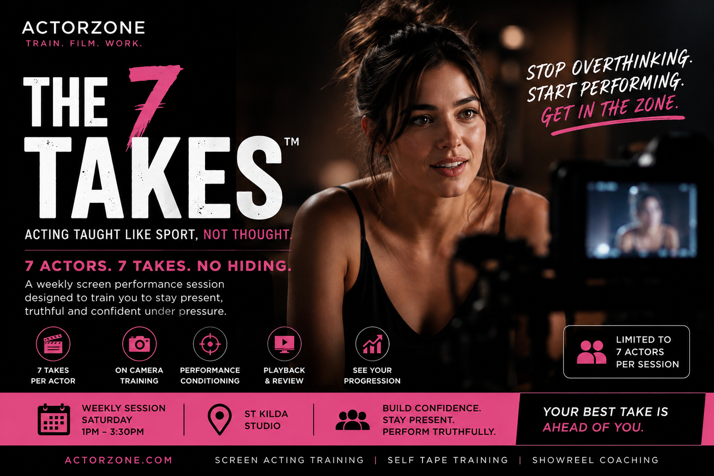THE 7 TAKES
Acting taught like sport, not thought.
7 actors.
7 takes.
Performance conditioning under pressure.